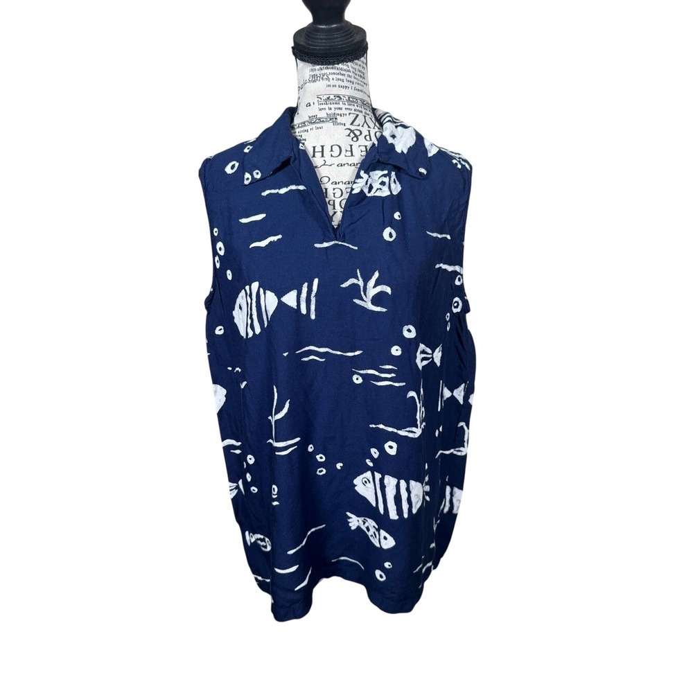 Navy Fish-Print Sleeveless Tank Top